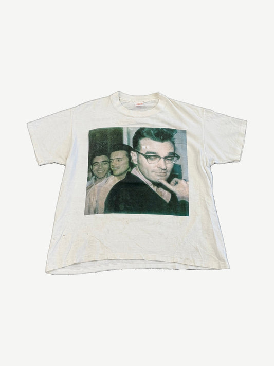 Vintage Morrissey white band tee front with grainy black and white portrait photo print at chest area.