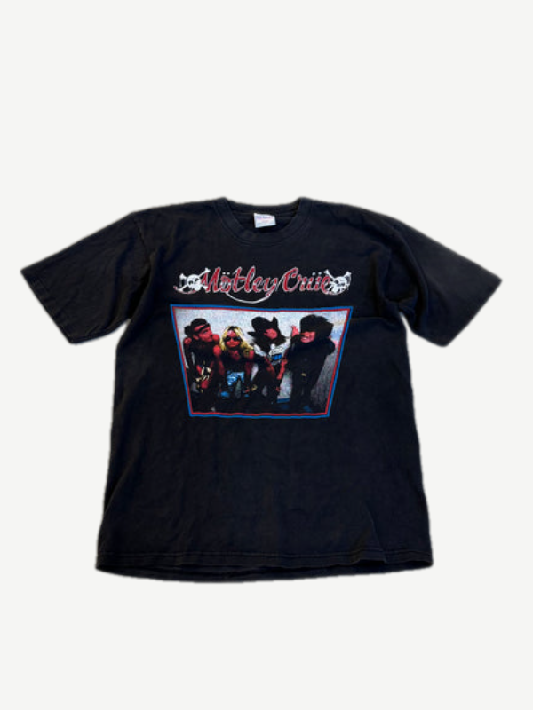 Vintage Motley Crue black band tee with Dr. Feelgood tour group photo print and red logo across the chest