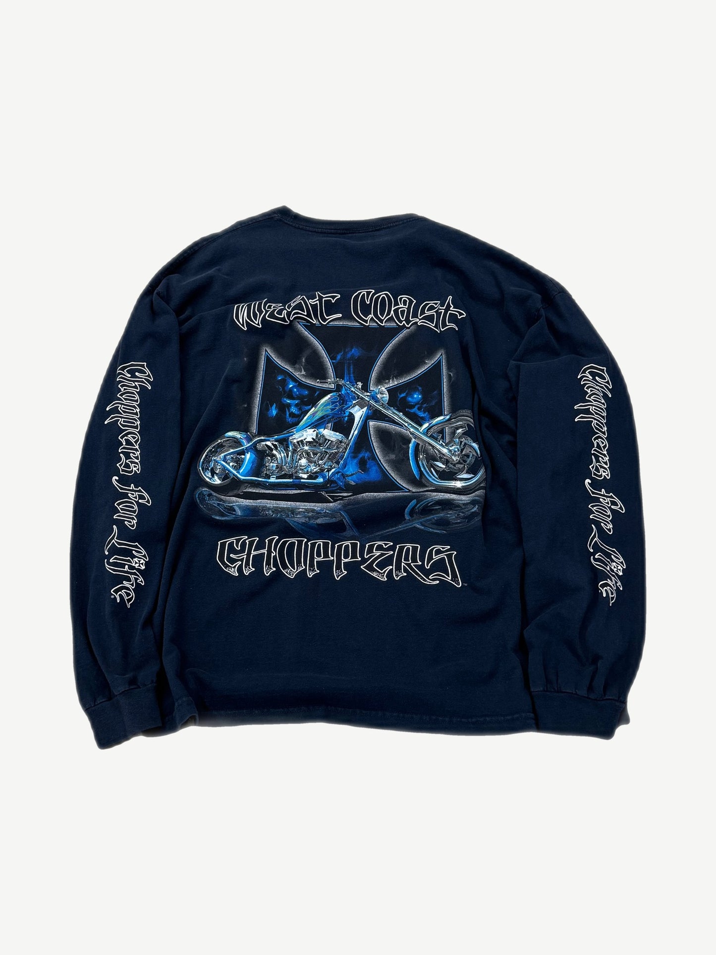 Vintage West Coast Choppers navy longsleeve back view with large blue flame motorcycle print