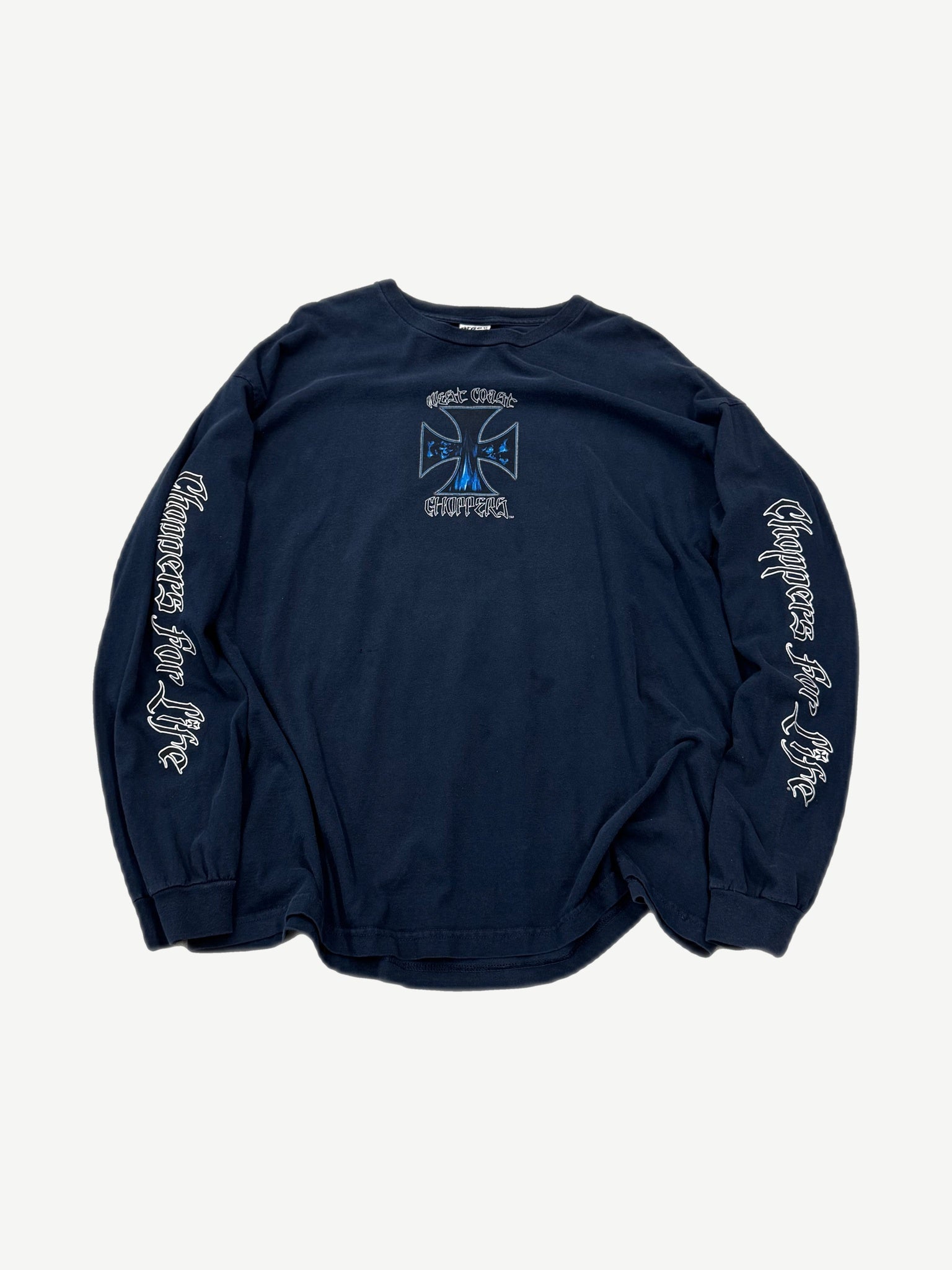 Vintage navy West Coast Choppers longsleeve front view with blue flame motorcycle iron cross graphic