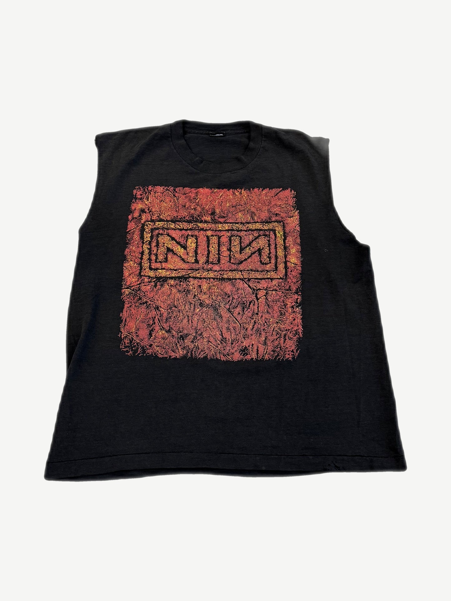 Vintage Nine Inch Nails black cutoff sleeveless tee with red textured NIN logo box print on the chest