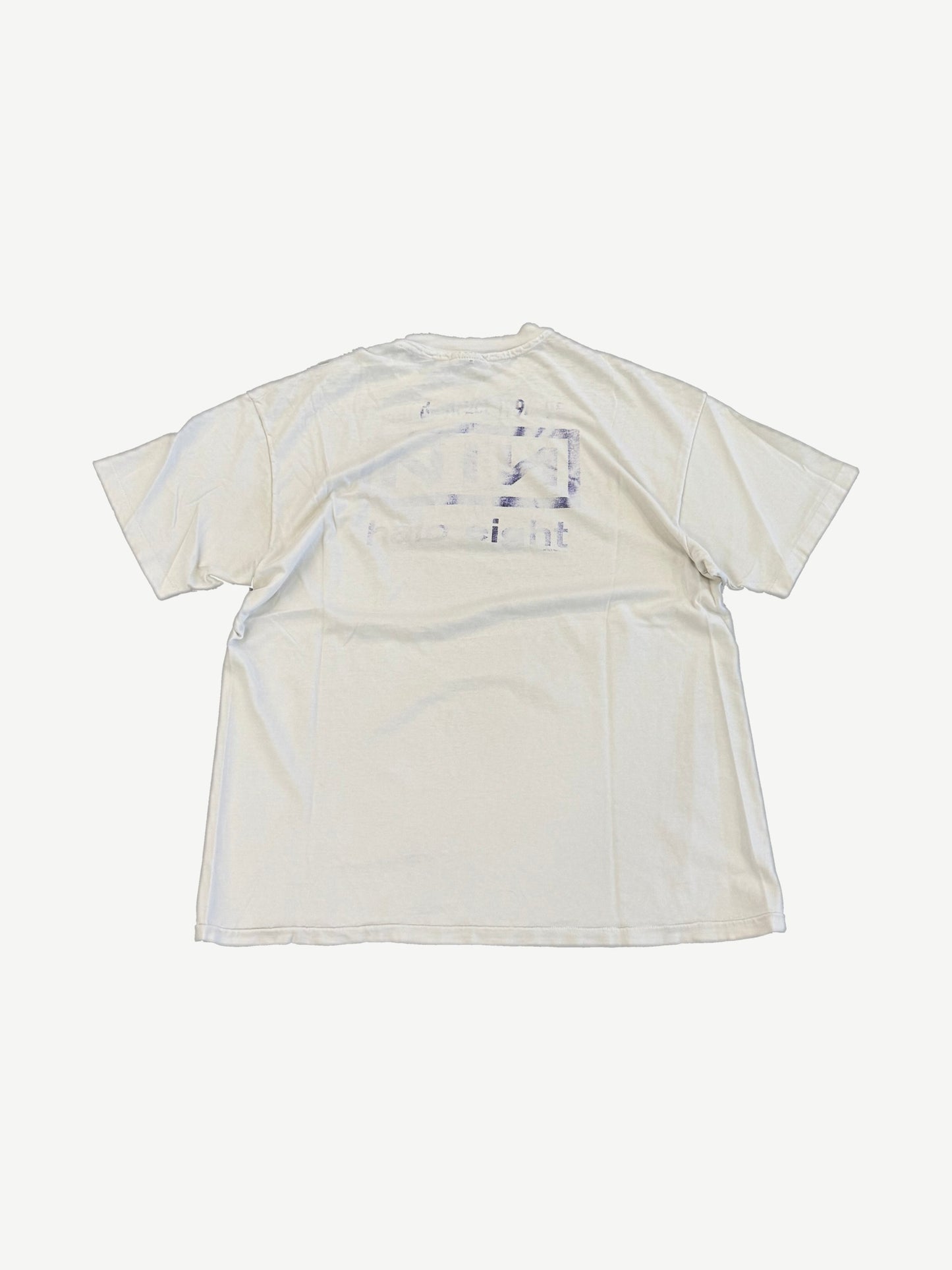 Vintage Nine Inch Nails Downward Spiral tee back view in white with faded reverse print bleed through.