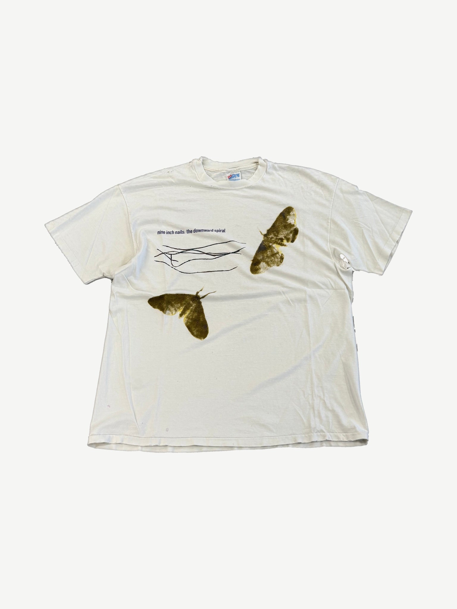 Vintage Nine Inch Nails The Downward Spiral Halo Eight tee in white with two moth graphic prints on front.