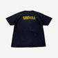 Vintage Nirvana black band tee back with yellow stencil Nirvana logo across upper shoulders.