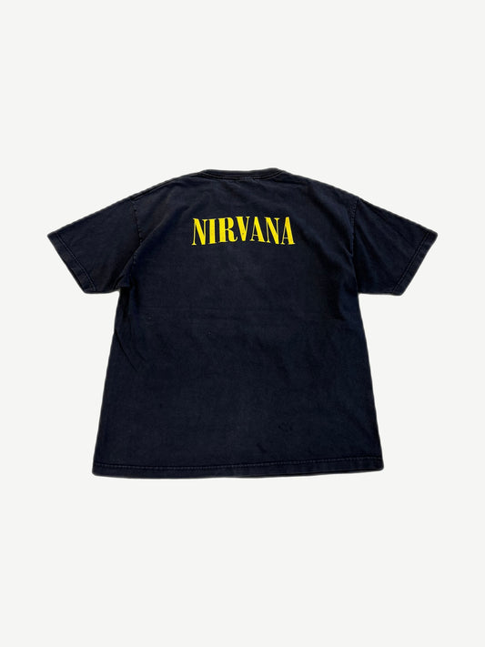 Vintage Nirvana black band tee back with yellow stencil Nirvana logo across upper shoulders.