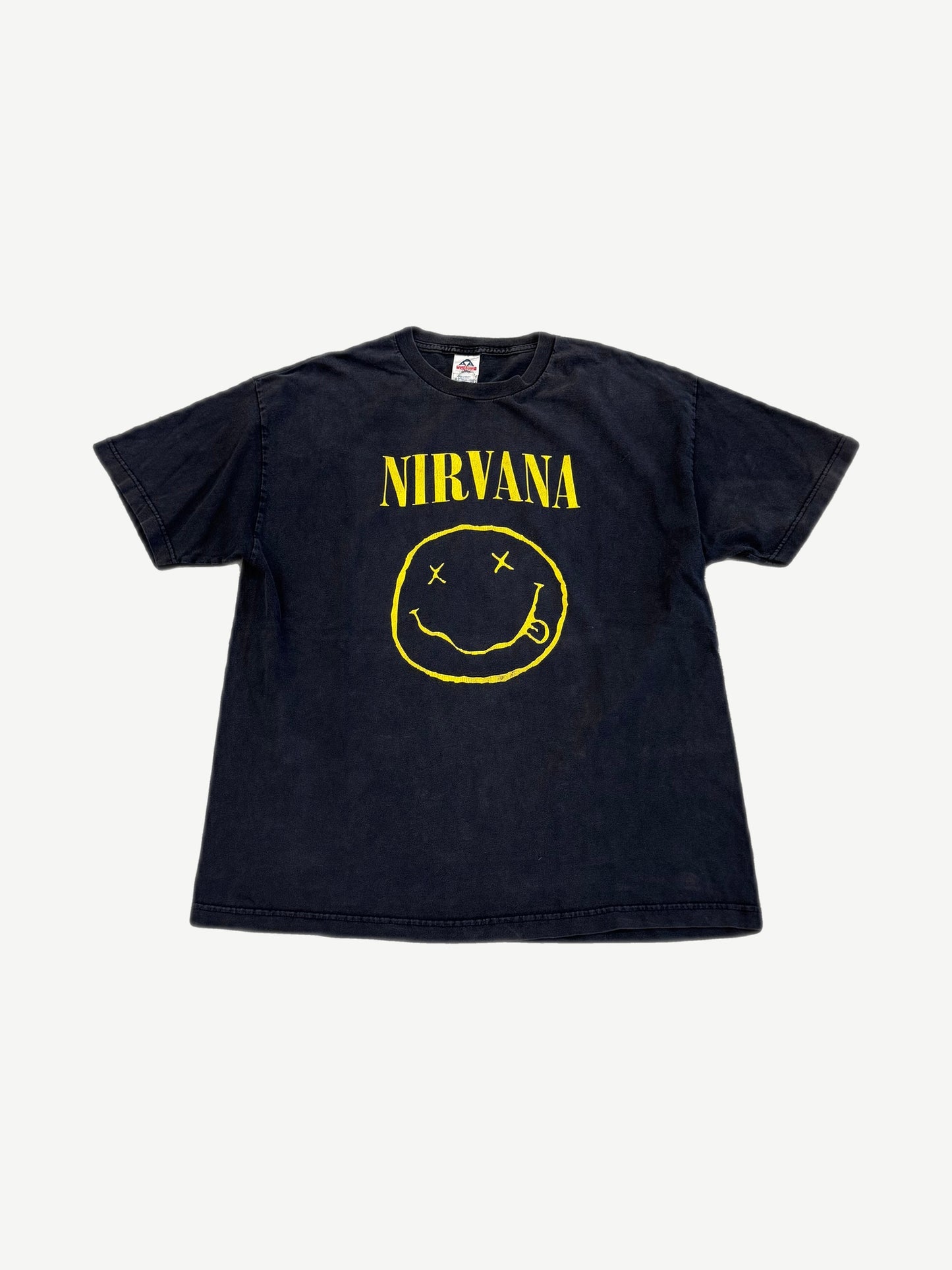 Vintage Nirvana black band tee front with iconic yellow smiley face logo and stencil band name.
