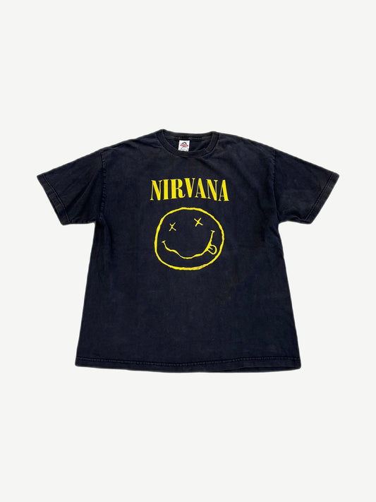 Vintage Nirvana black band tee front with iconic yellow smiley face logo and stencil band name.