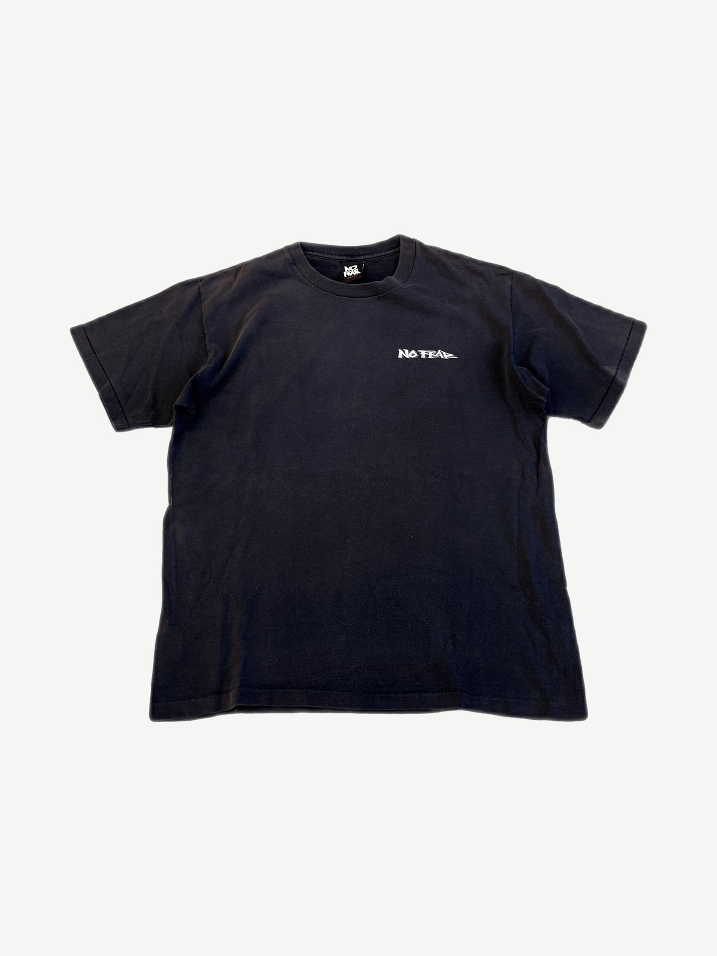 Vintage No Fear faded black tee front with small white No Fear graffiti-style chest logo