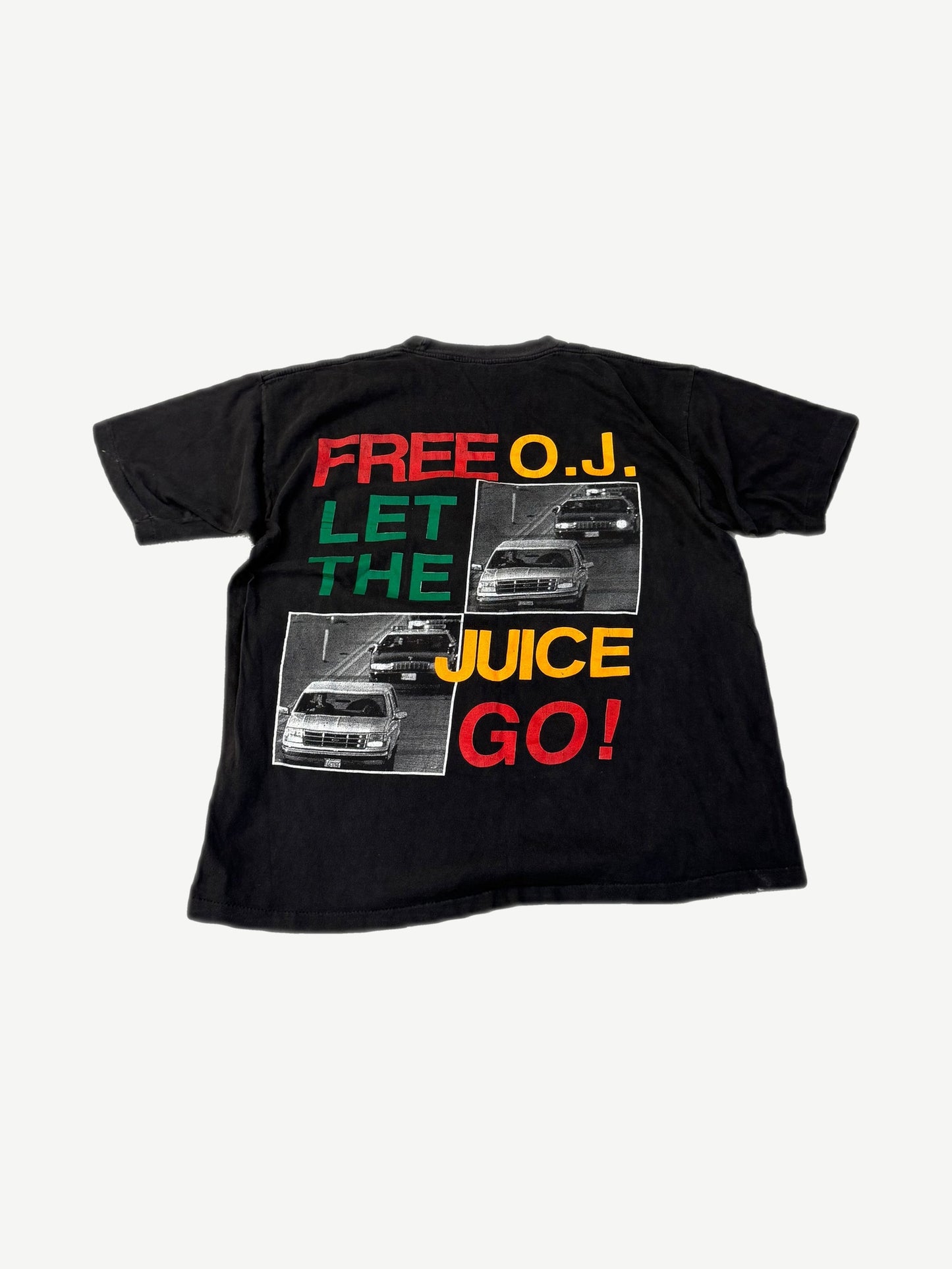 Vintage OJ Simpson Let the Juice Go tee, back view with Bronco chase photos and rasta text print