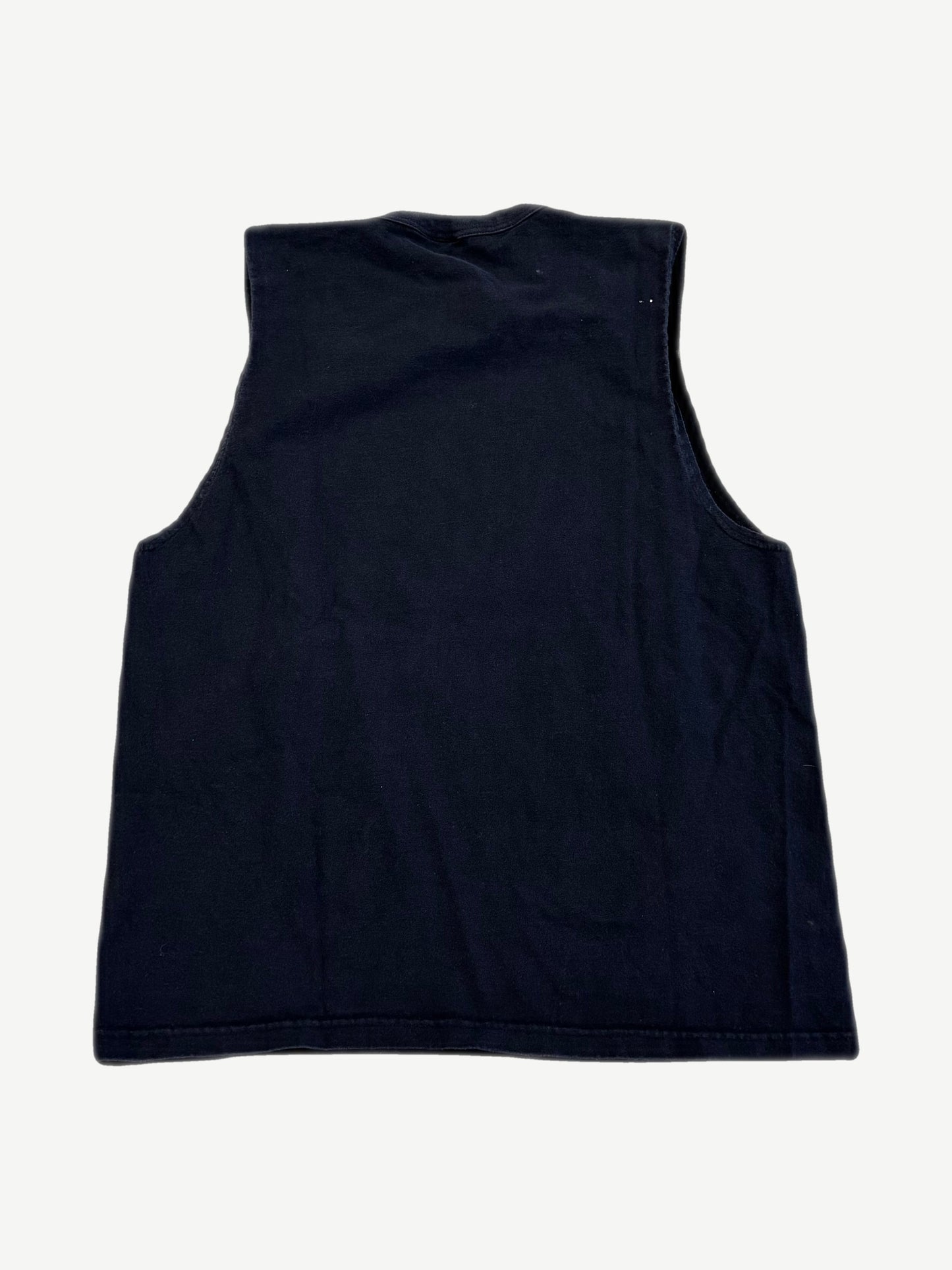 Back of vintage Ozzy Osbourne Ozzfest black sleeveless cutoff tee, plain with raw cut armholes.