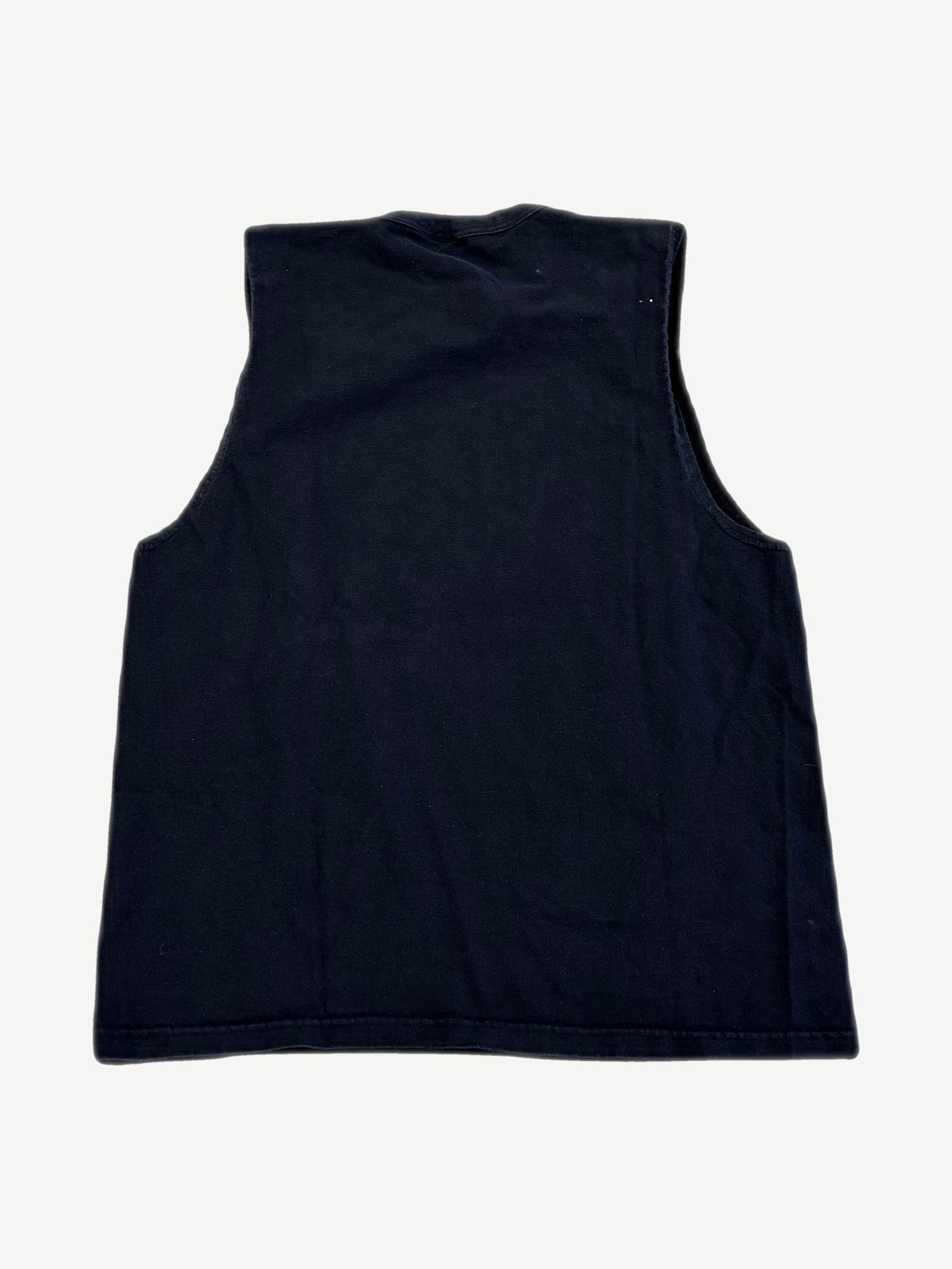 Back of vintage Ozzy Osbourne Ozzfest black sleeveless cutoff tee, plain with raw cut armholes.