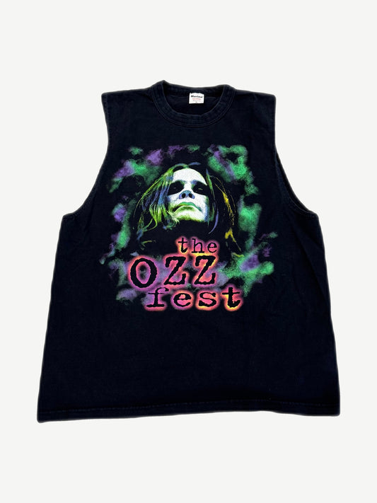 Vintage Ozzy Osbourne Ozzfest black cutoff muscle tee with neon green and purple airbrush concert graphic.