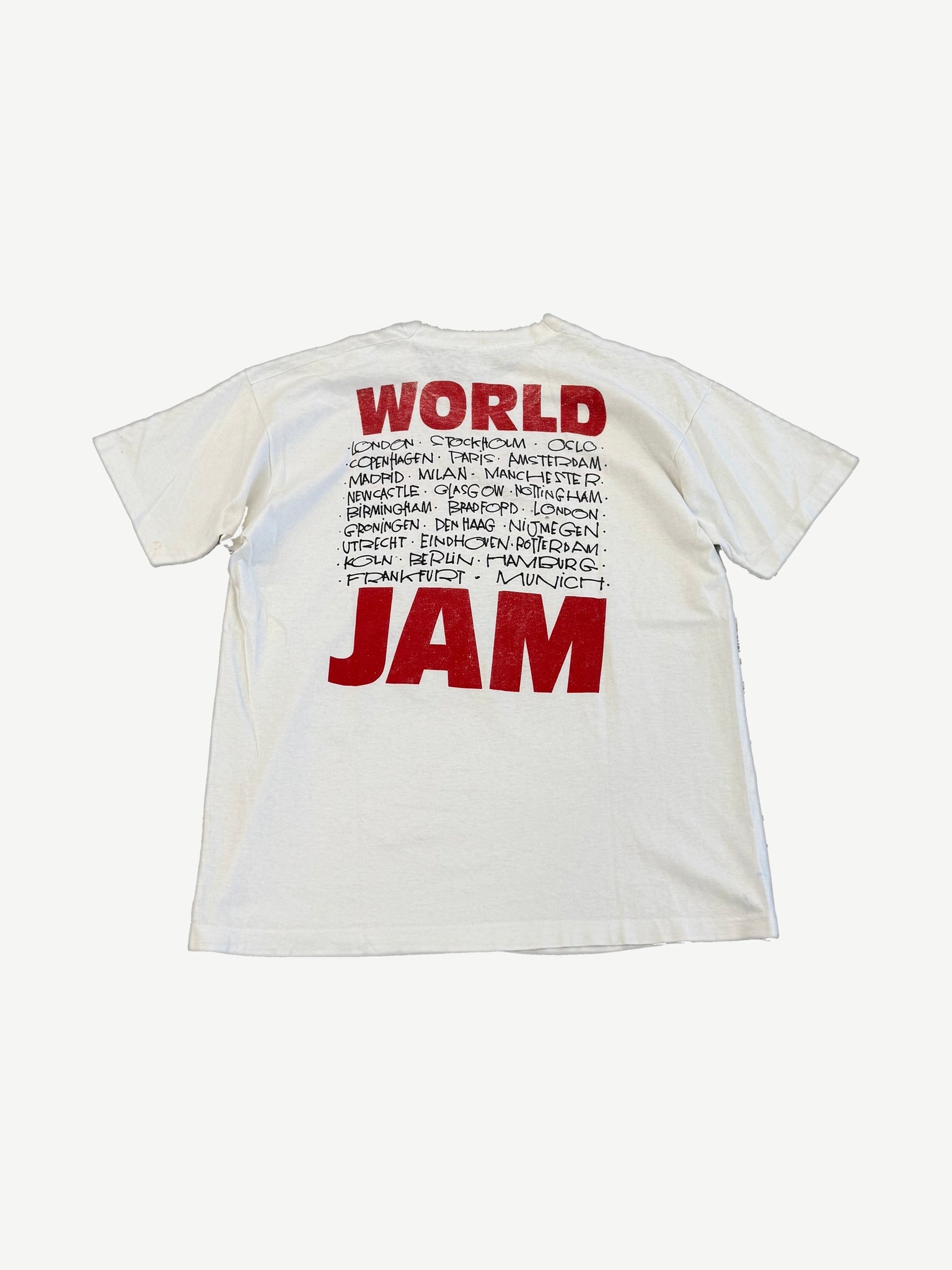 Vintage Pearl Jam World Jam European tour tee back with red World Jam text and handwritten European city list