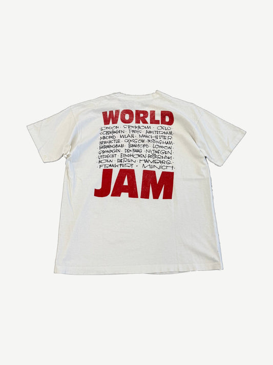 Vintage Pearl Jam World Jam European tour tee back with red World Jam text and handwritten European city list