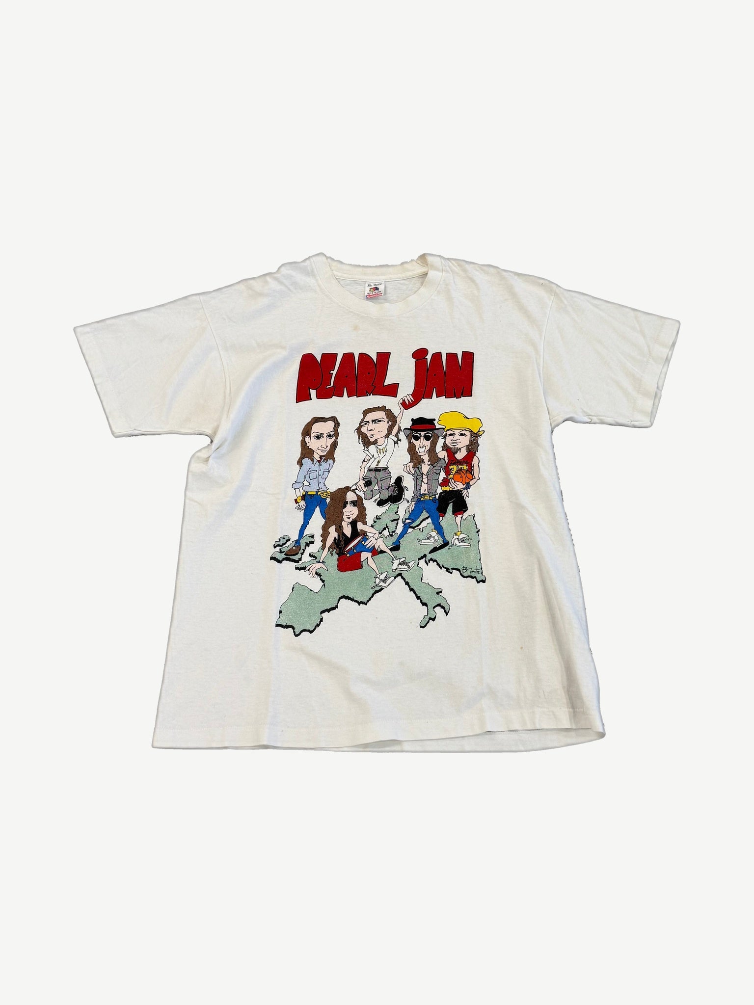 Vintage Pearl Jam World Jam European tour tee front in white with cartoon band caricatures on Europe map