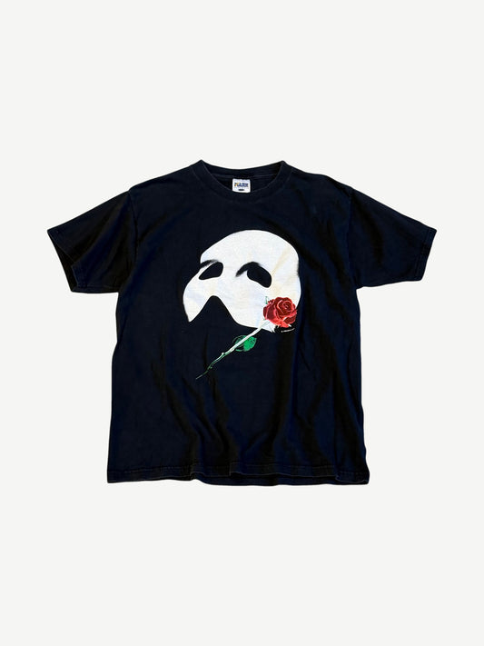 Vintage Phantom of the Opera black tee front with iconic white half-mask and single red rose musical graphic print.