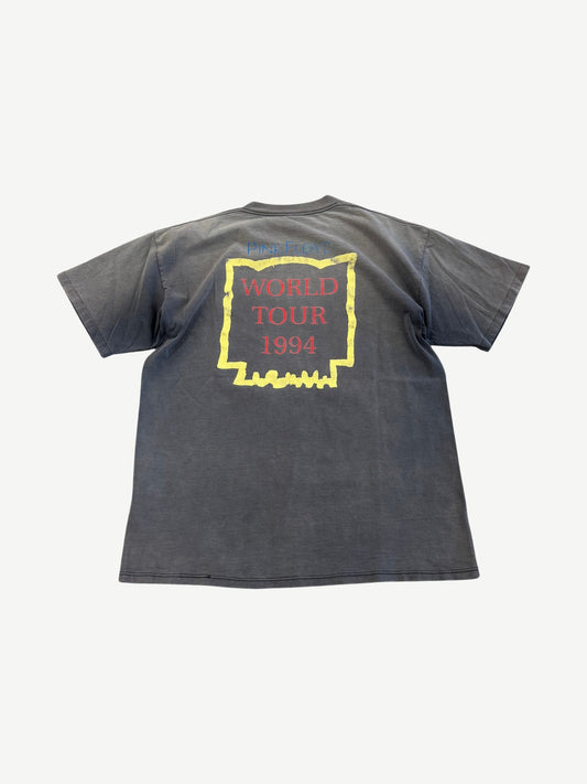 Back of vintage Pink Floyd Division Bell tour tee with World Tour 1994 yellow outlined block text print