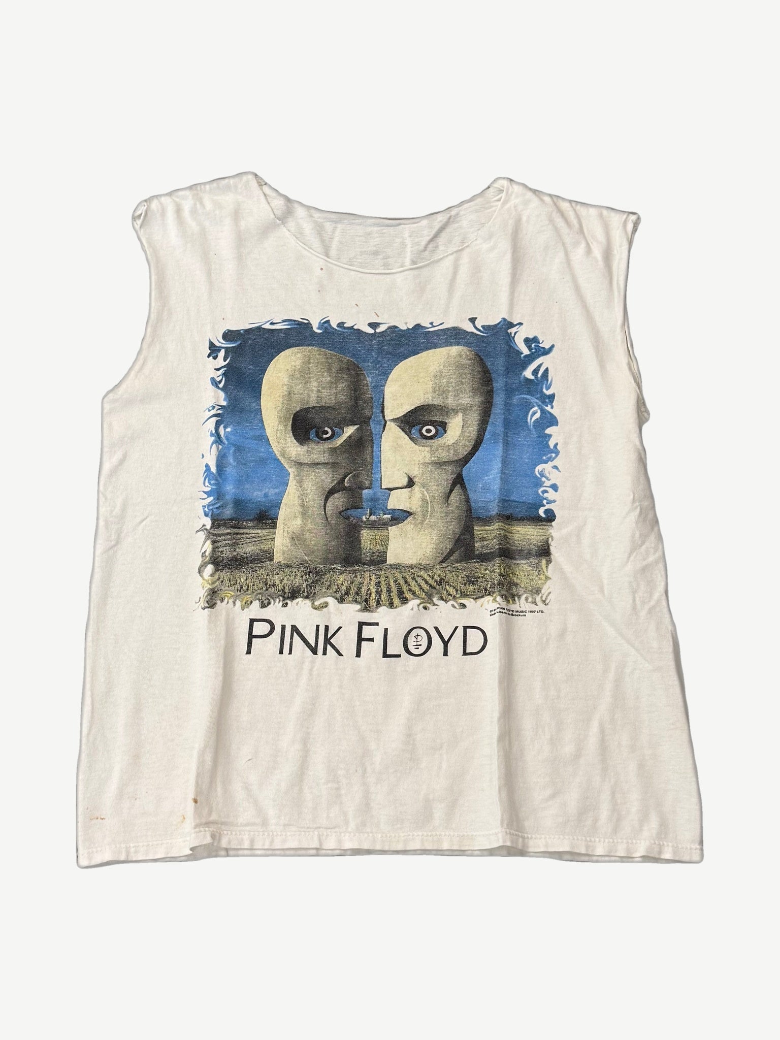 Vintage Pink Floyd Division Bell cutoff tee in white with iconic stone faces album art chest print on raw-cut sleeves.