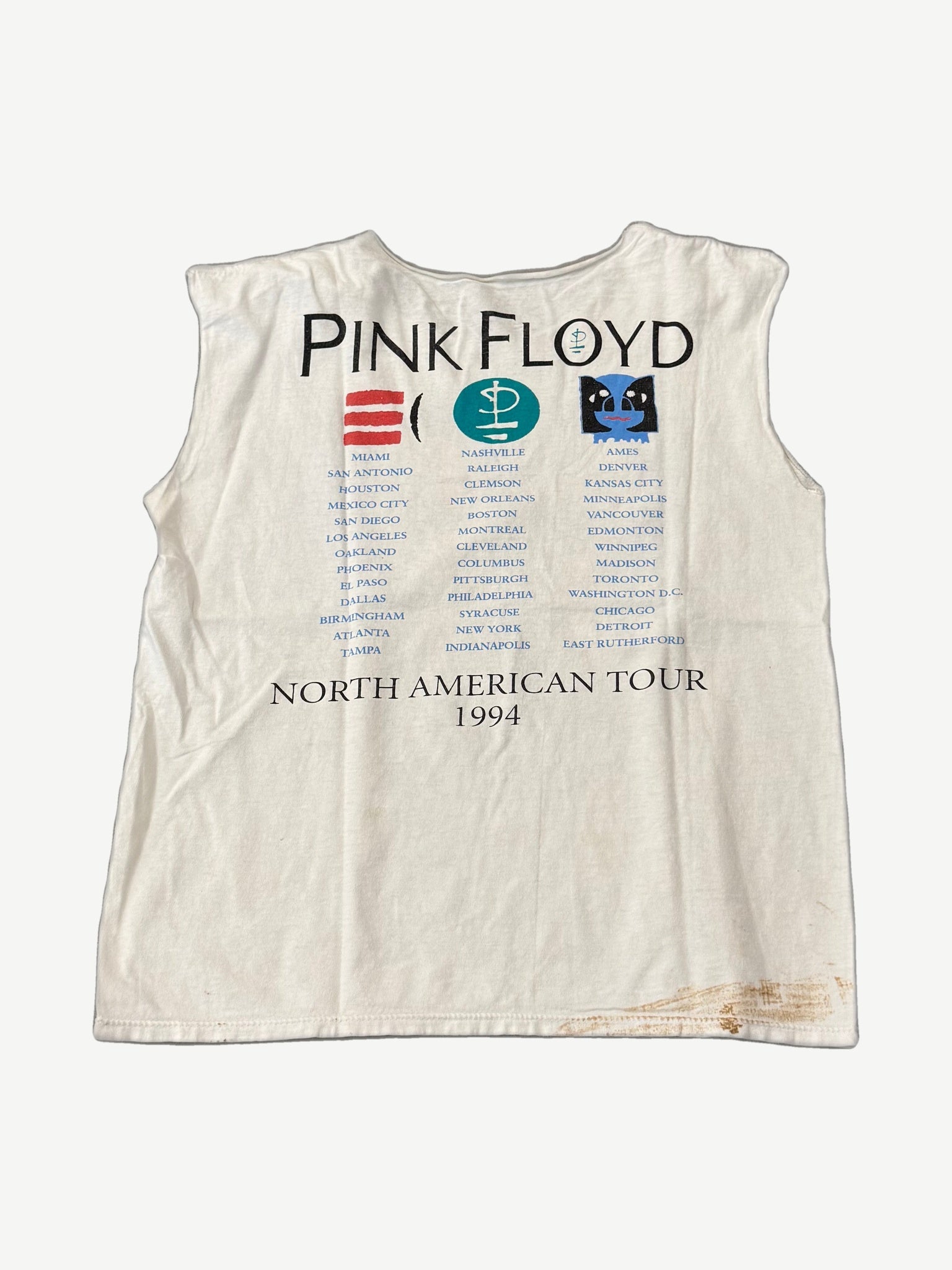 Vintage Pink Floyd 1994 North American Tour cutoff back print listing tour cities including Miami, LA and New York.