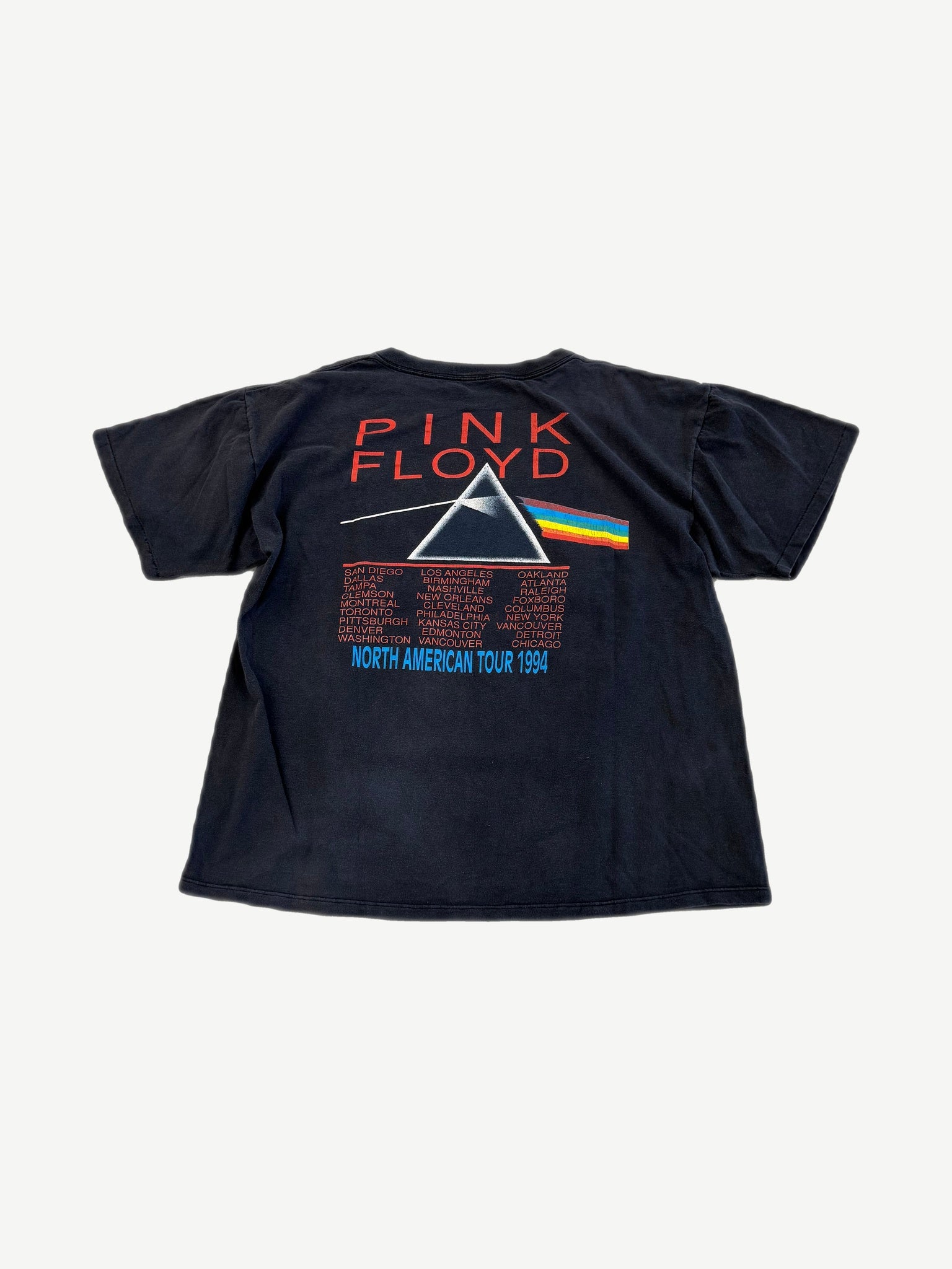 Vintage Pink Floyd Division Bell tee back showing prism graphic and 1994 North American tour cities.