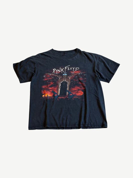 Vintage Pink Floyd The Wall faded black tee front with crossed hammers archway and red sky album graphic