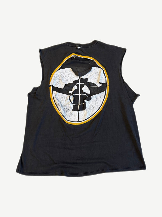 Vintage Public Enemy cutoff tee back with oversized distressed crosshairs target graphic and thrashed neckline.
