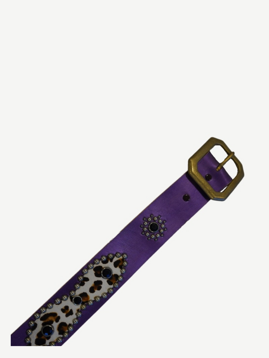 Vintage purple studded leather belt detail with cheetah cowhide panel, gem rosette and brass buckle.