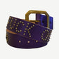 Vintage purple cowhide leather belt with brass stud Fuck Off text spelling and antique brass buckle.