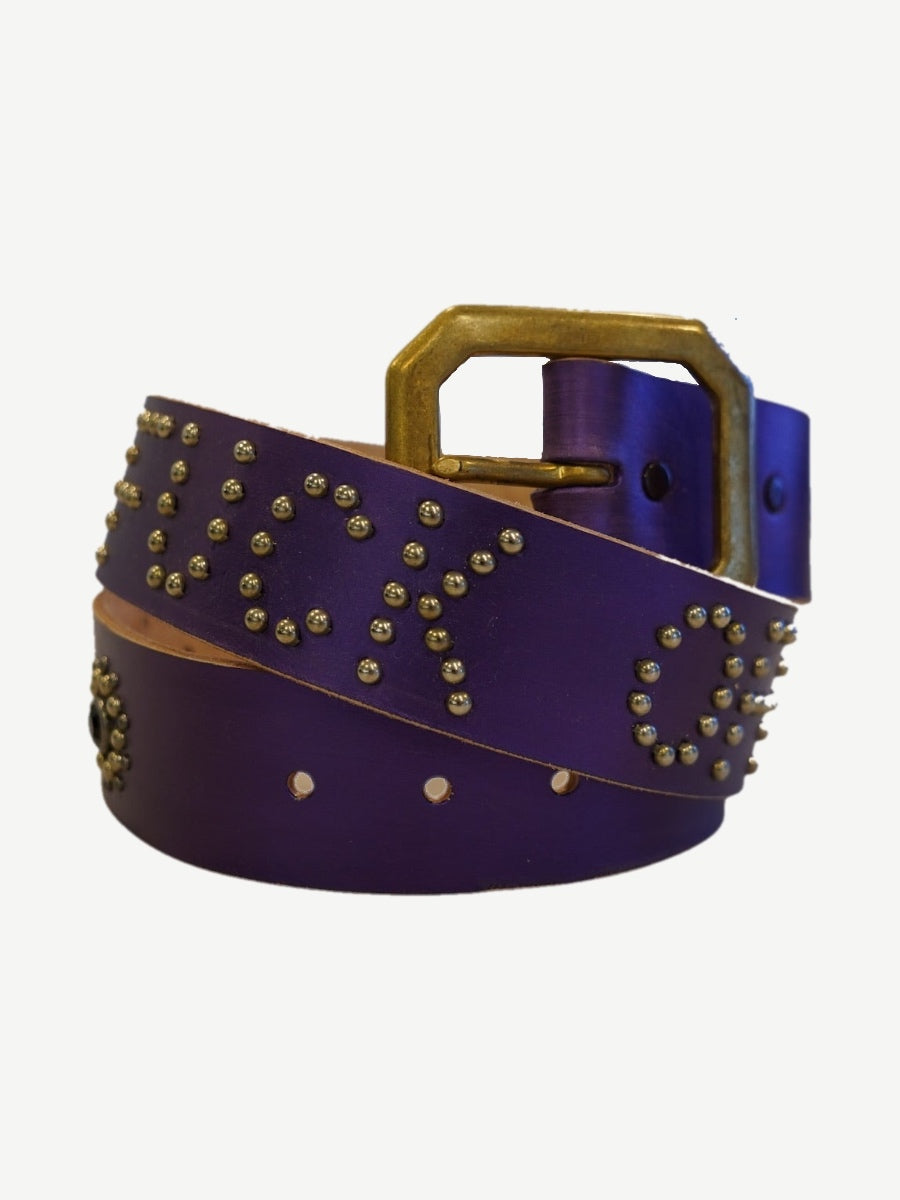 Vintage purple cowhide leather belt with brass stud Fuck Off text spelling and antique brass buckle.