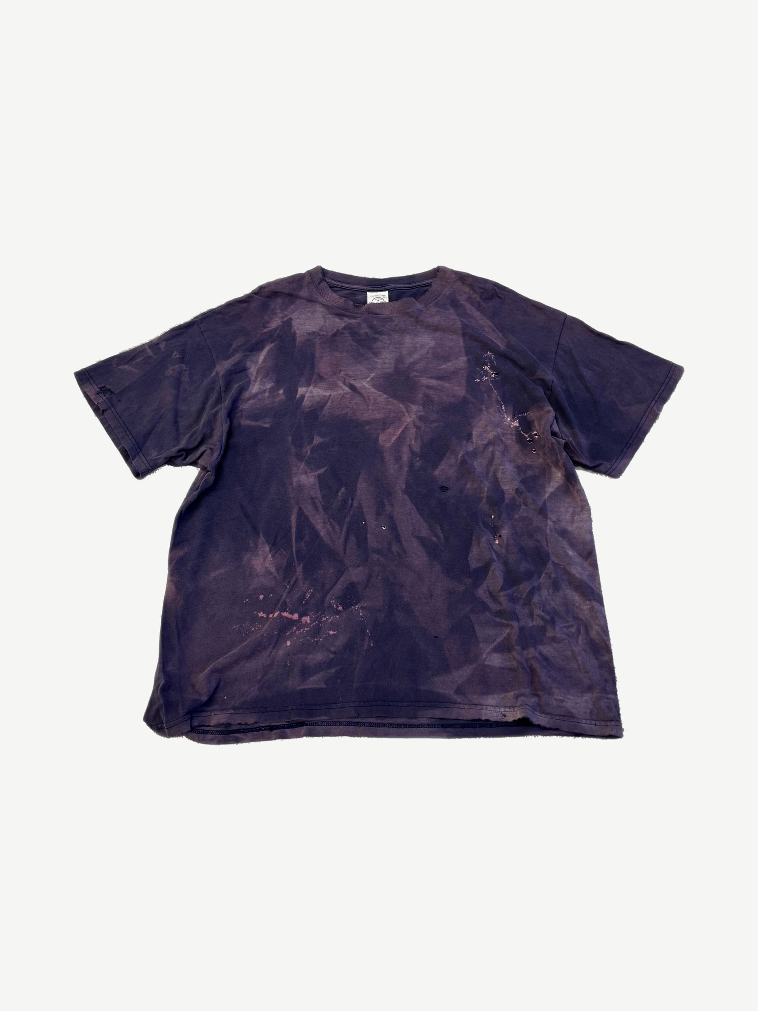 Vintage purple Cyko's Lowrider tee with bleach-washed cotton, distressed holes and faded paint splatter