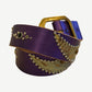 Vintage iridescent purple leather belt with silver stud trim, snakeskin appliques and brass buckle, coiled