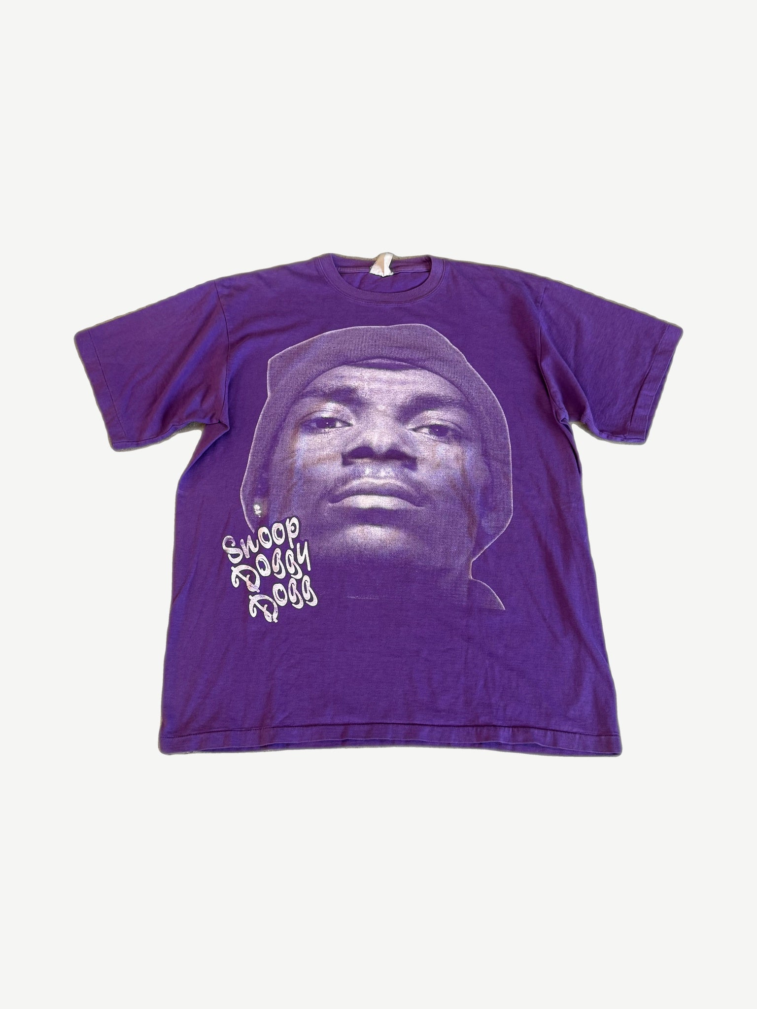 Vintage purple Snoop Doggy Dogg tee with large portrait print and white graffiti-style chest logo