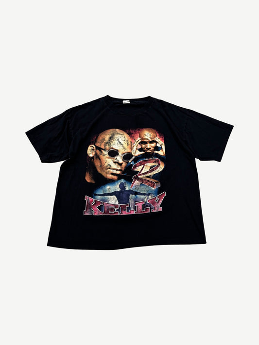 Vintage R Kelly black rap tee front with bold portrait graphic and red Kelly script across the chest.