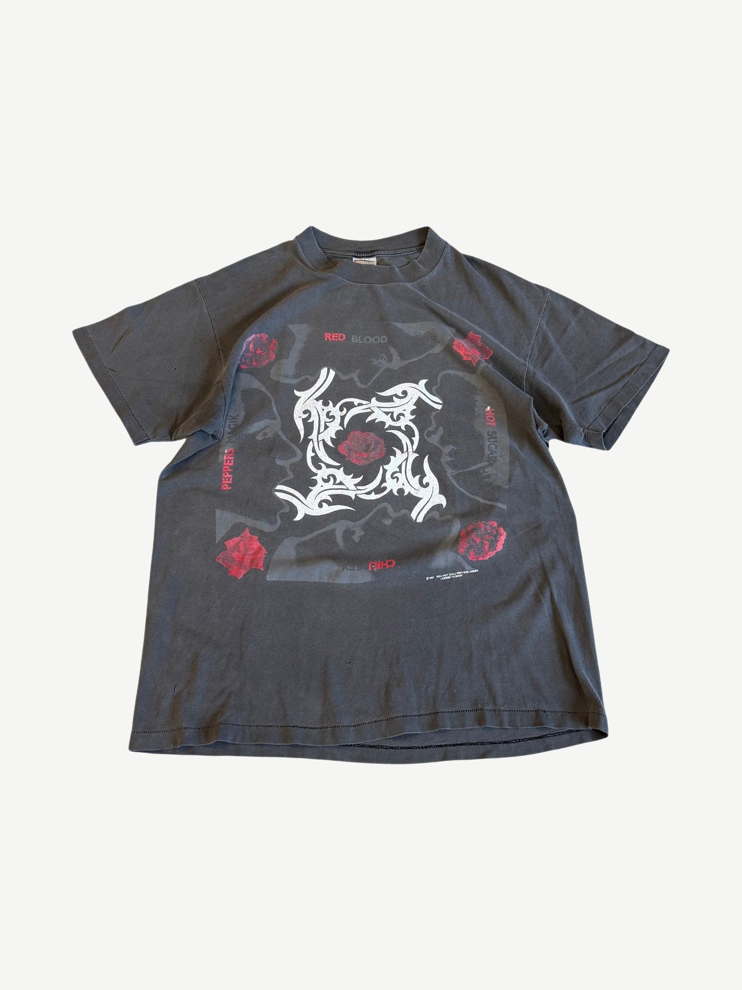 Vintage Red Hot Chili Peppers Blood Sugar Sex Magik tee front with band asterisk logo on black.