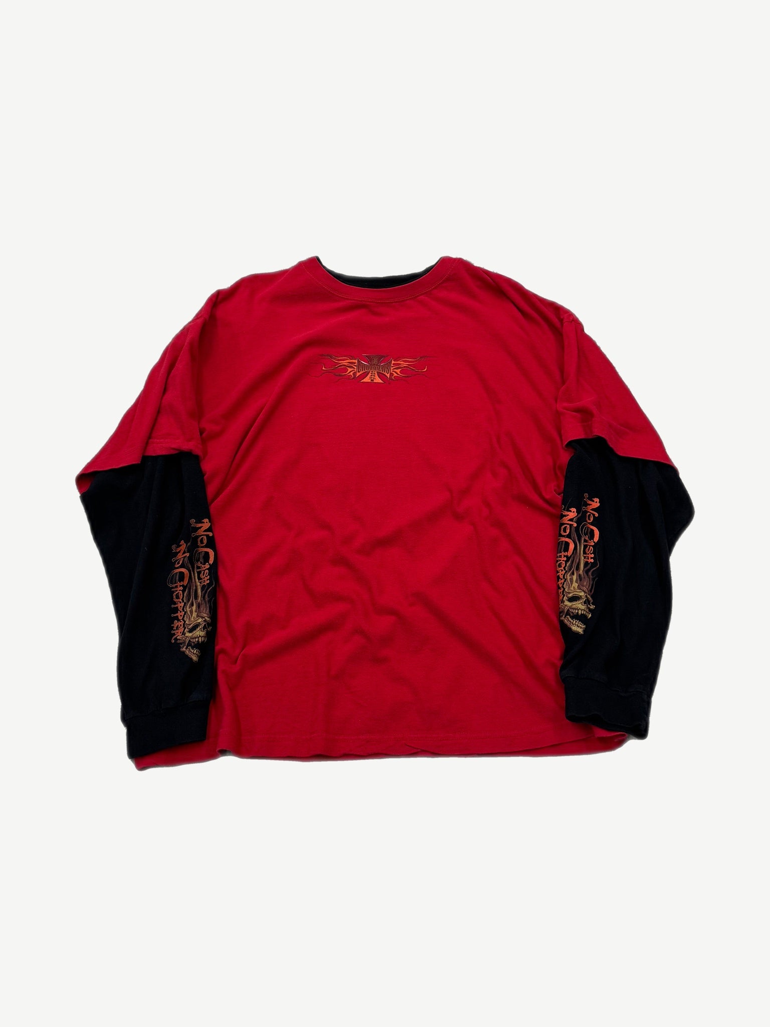 Vintage West Coast Choppers thermal long sleeve with red waffle outer layer and black double sleeve detail.