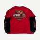 Back of vintage West Coast Choppers red double-layered thermal long sleeve showing waffle-knit texture.