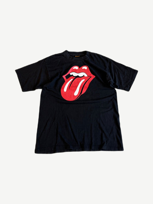 Vintage Rolling Stones black band tee with iconic red tongue and lips logo centered on chest