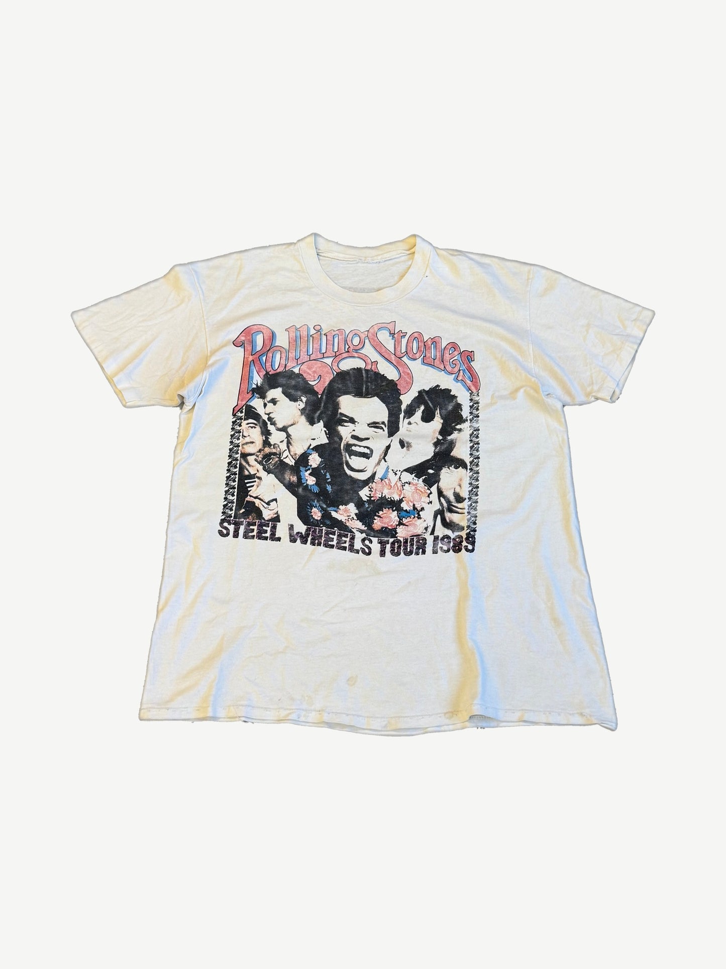 Vintage Rolling Stones Steel Wheels Tour 1989 white tee with band photo print on faded cotton
