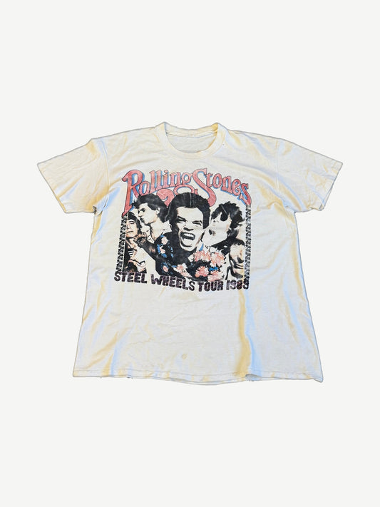 Vintage Rolling Stones Steel Wheels Tour 1989 white tee with band photo print on faded cotton