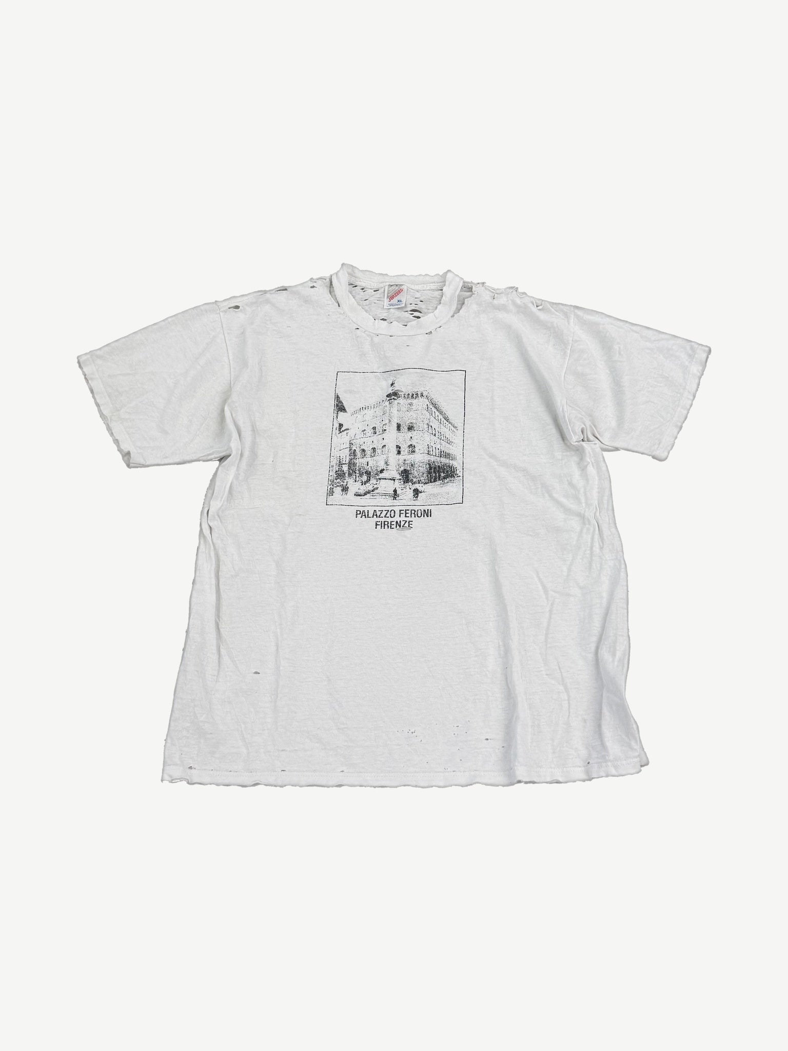 Vintage Salvatore Ferragamo Firenze tee, thrashed white with Palazzo Feroni building photo print
