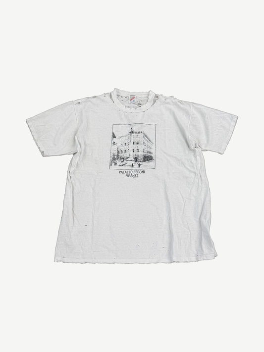 Vintage Salvatore Ferragamo Firenze tee, thrashed white with Palazzo Feroni building photo print