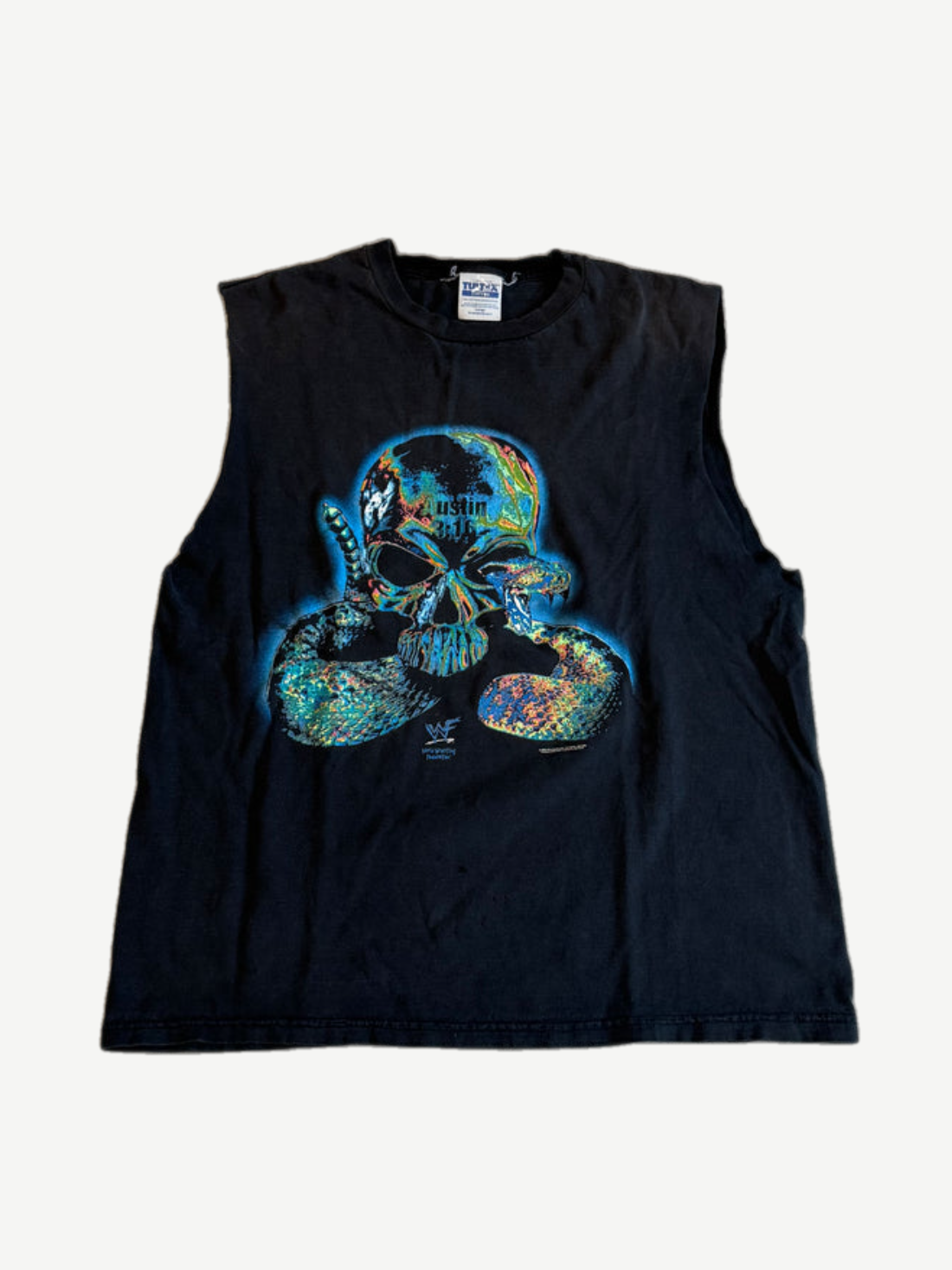 Vintage Stone Cold Steve Austin black cutoff tee with blue snake skull graphic front