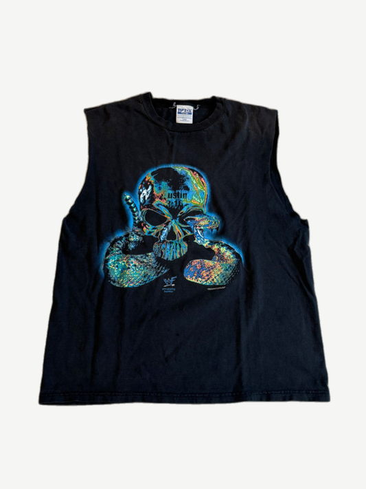 Vintage Stone Cold Steve Austin black cutoff tee with blue snake skull graphic front