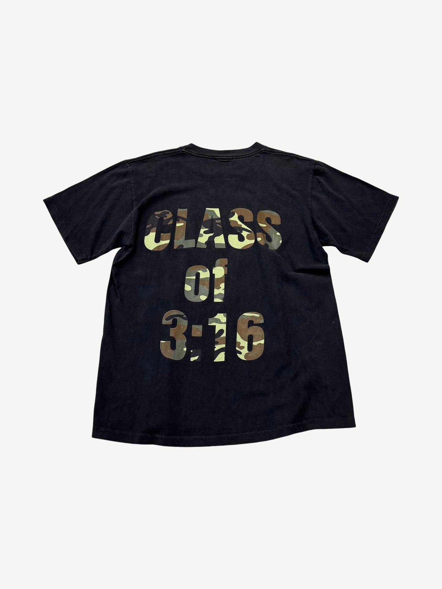 Vintage WWF Stone Cold Steve Austin 3:16 tee back view with bold graphic print on black cotton.