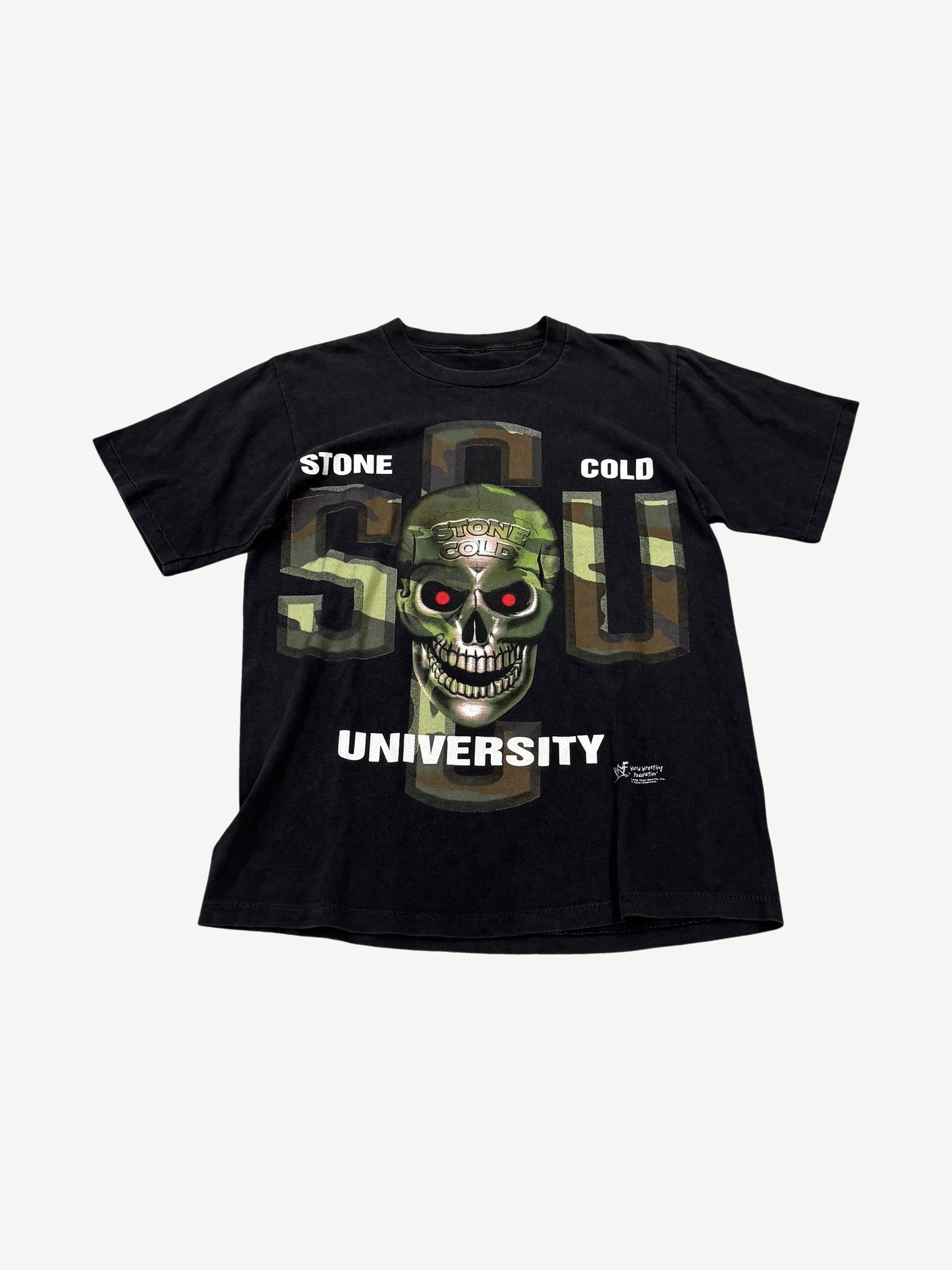 Vintage Stone Cold Steve Austin black tee with Class of 3:16 university graphic and portrait print.