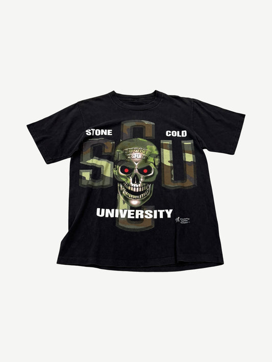 Vintage Stone Cold Steve Austin black tee with Class of 3:16 university graphic and portrait print.