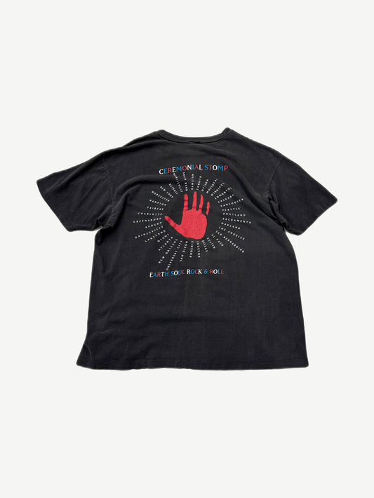 Vintage The Cult tee back view in faded black cotton showing soft wash and band tour print details