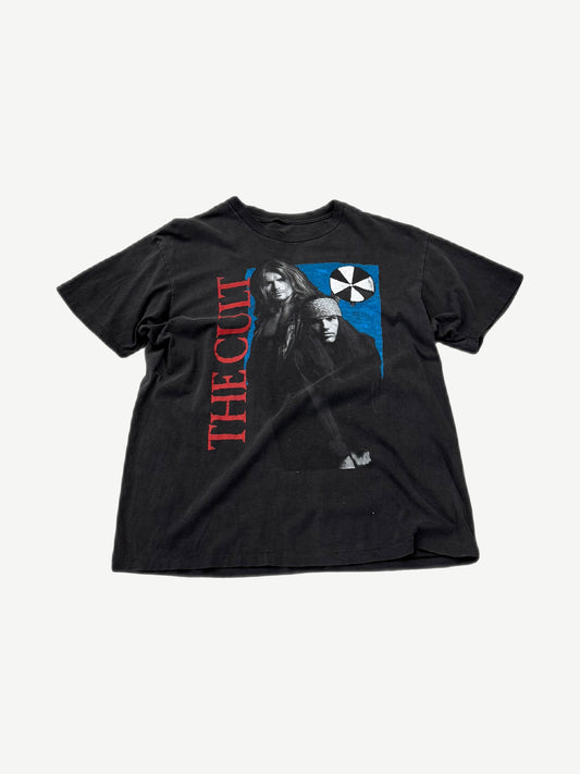 Vintage The Cult band tee in faded black with distressed graphic print and worn cotton crewneck construction