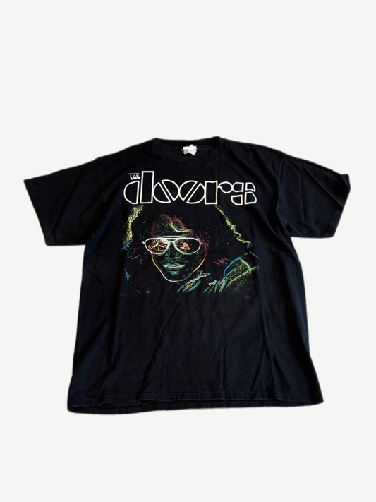 Vintage The Doors black band tee with Jim Morrison sunglasses portrait graphic and white band logo