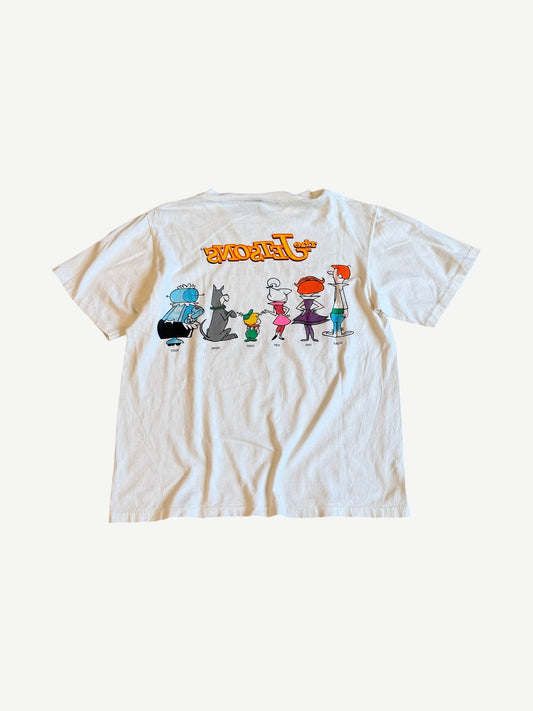 Reverse side of vintage white The Jetsons cartoon family tee shown with mirrored character lineup print